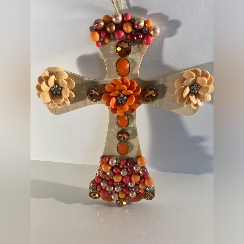 Orange, gold color & Rhinestones Artisanal Wood Cross w/ Repurposed Jewelry Deco
